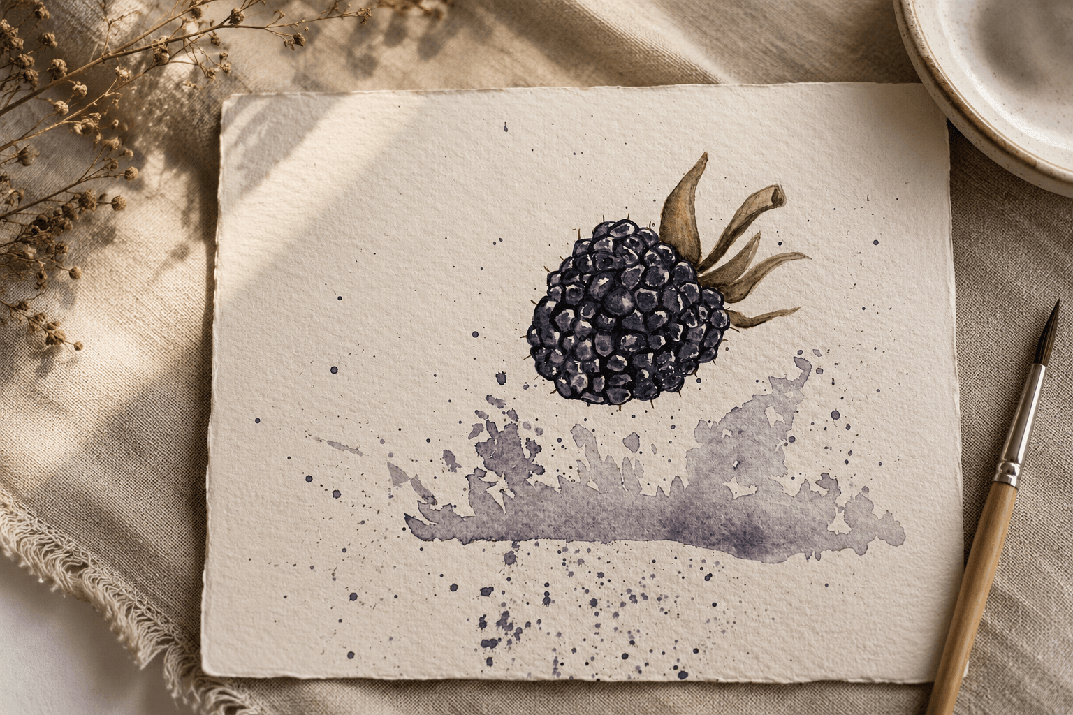 Original blackberry watercolor on deckle-edged handmade paper, laid on natural linen beside a fine brush and ceramic dish in warm window light.