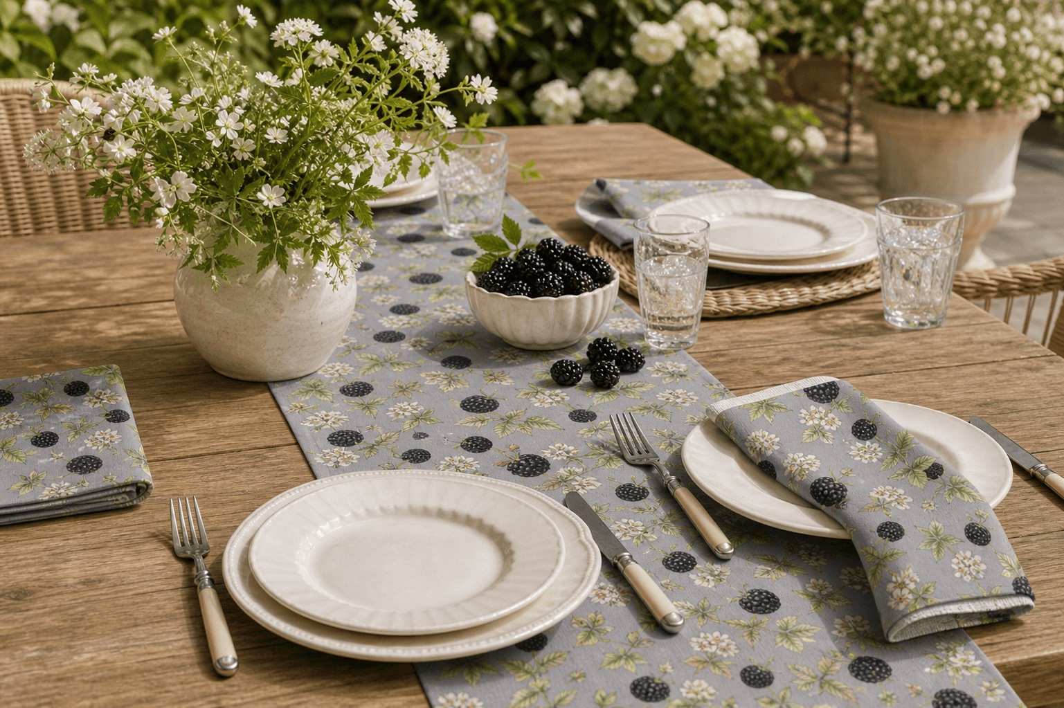 Outdoor table set with a blackberry-and-blossom patterned runner and napkins, cream dishes, a bowl of fresh blackberries, and garden flowers.