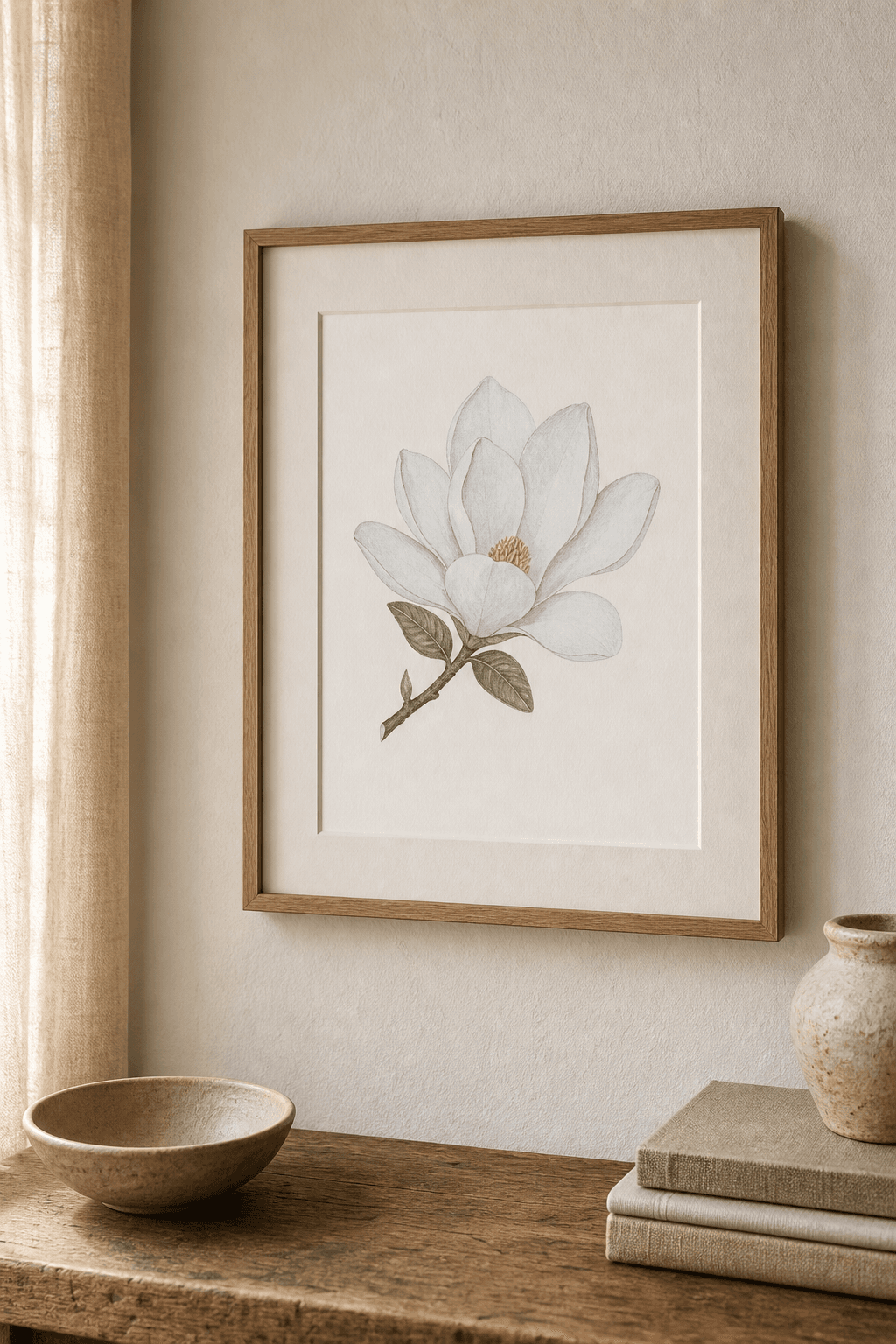 Framed watercolor of an open white magnolia blossom on a leafy branch, hanging on a plaster wall above a wooden sideboard.