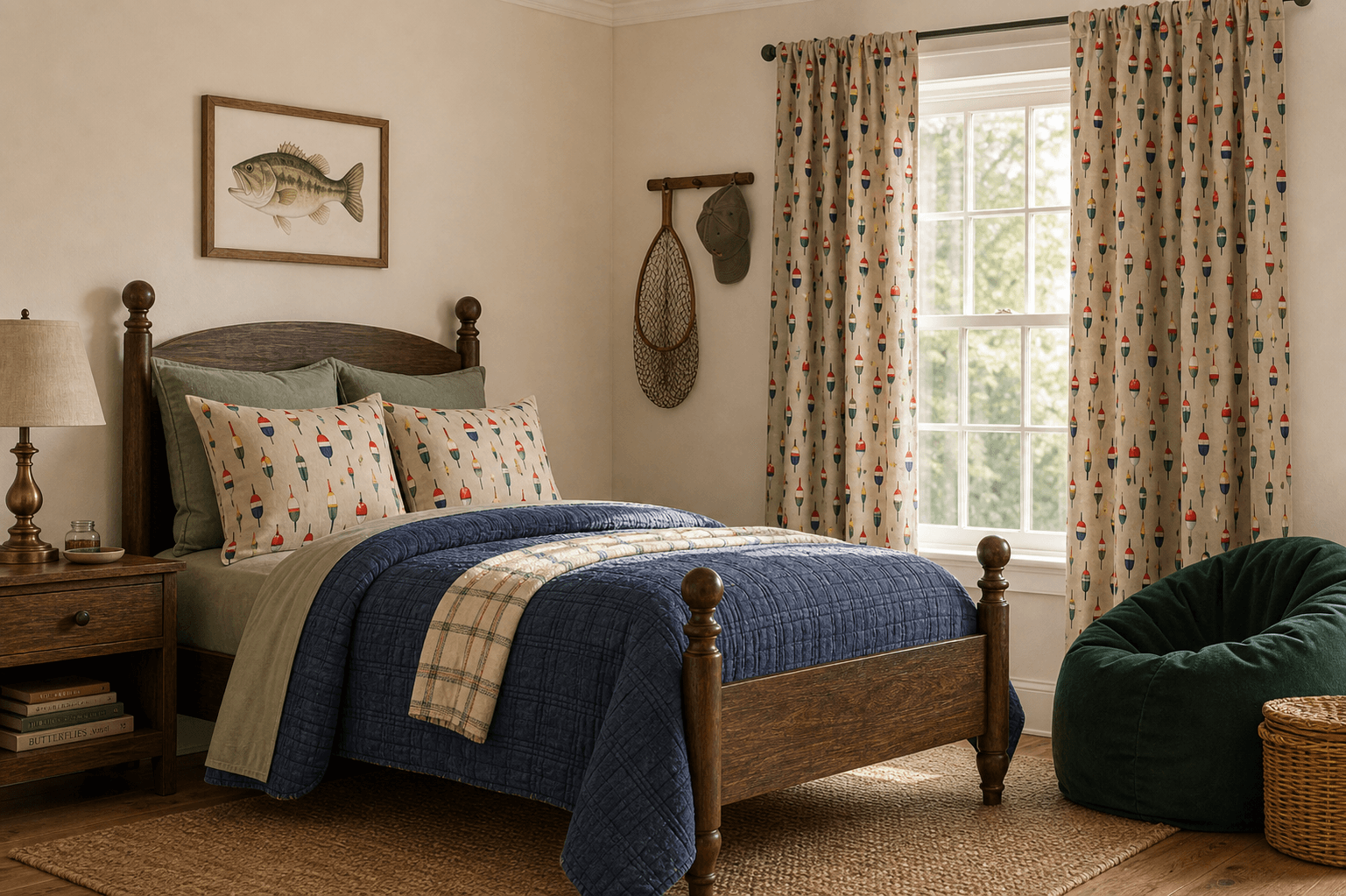 Bedroom styled with fishing-bobber patterned curtains and pillow shams, a navy quilt on a wooden bed, and a framed fish painting on the wall.