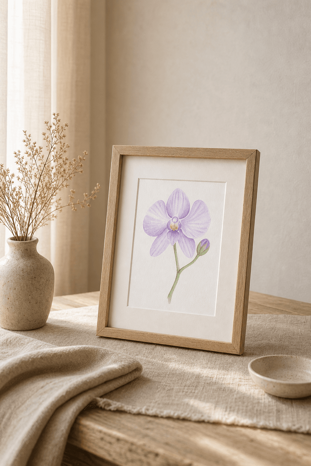 Framed watercolor of a soft lavender orchid with a single bud, standing on a wooden table beside a speckled vase of dried flowers.