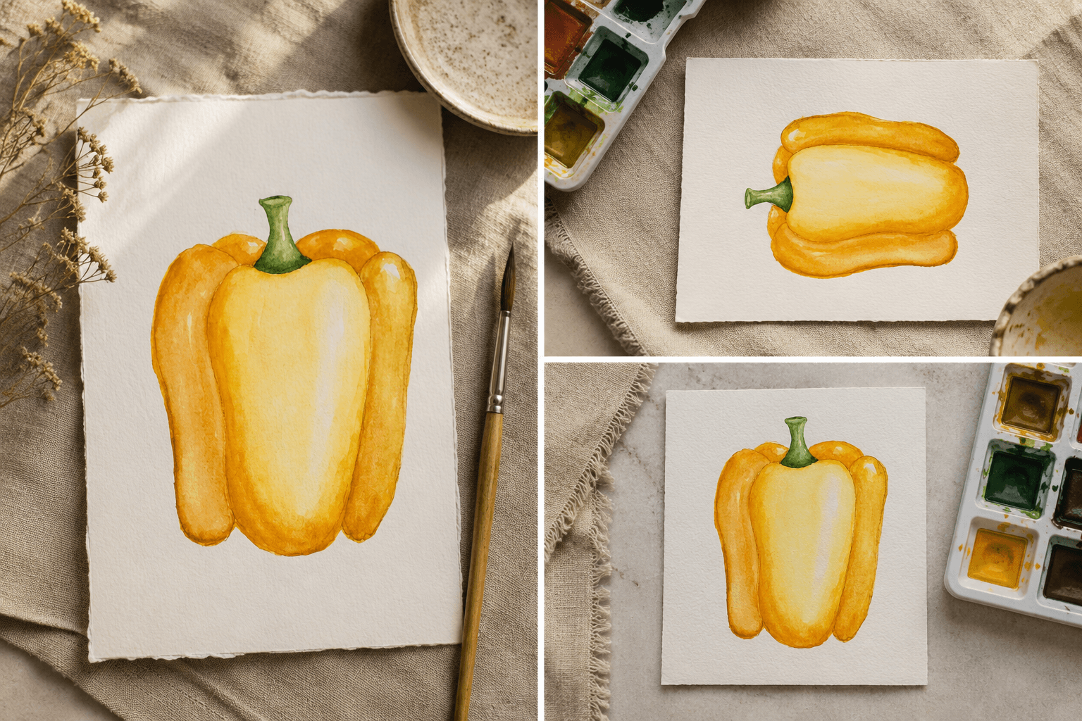 Three views of a yellow bell pepper watercolor in progress in the studio, surrounded by paint palettes, brushes, and linen.