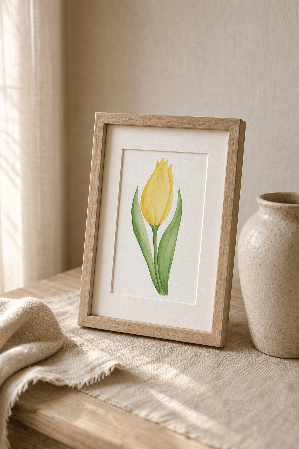 Framed watercolor of a yellow tulip with sweeping green leaves, resting on a linen-draped table next to a stoneware vase.